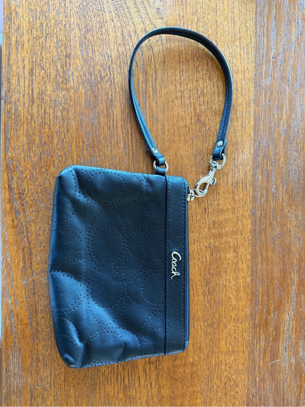 Coach Black Perforated Leather Wristlet with Silver Hardware